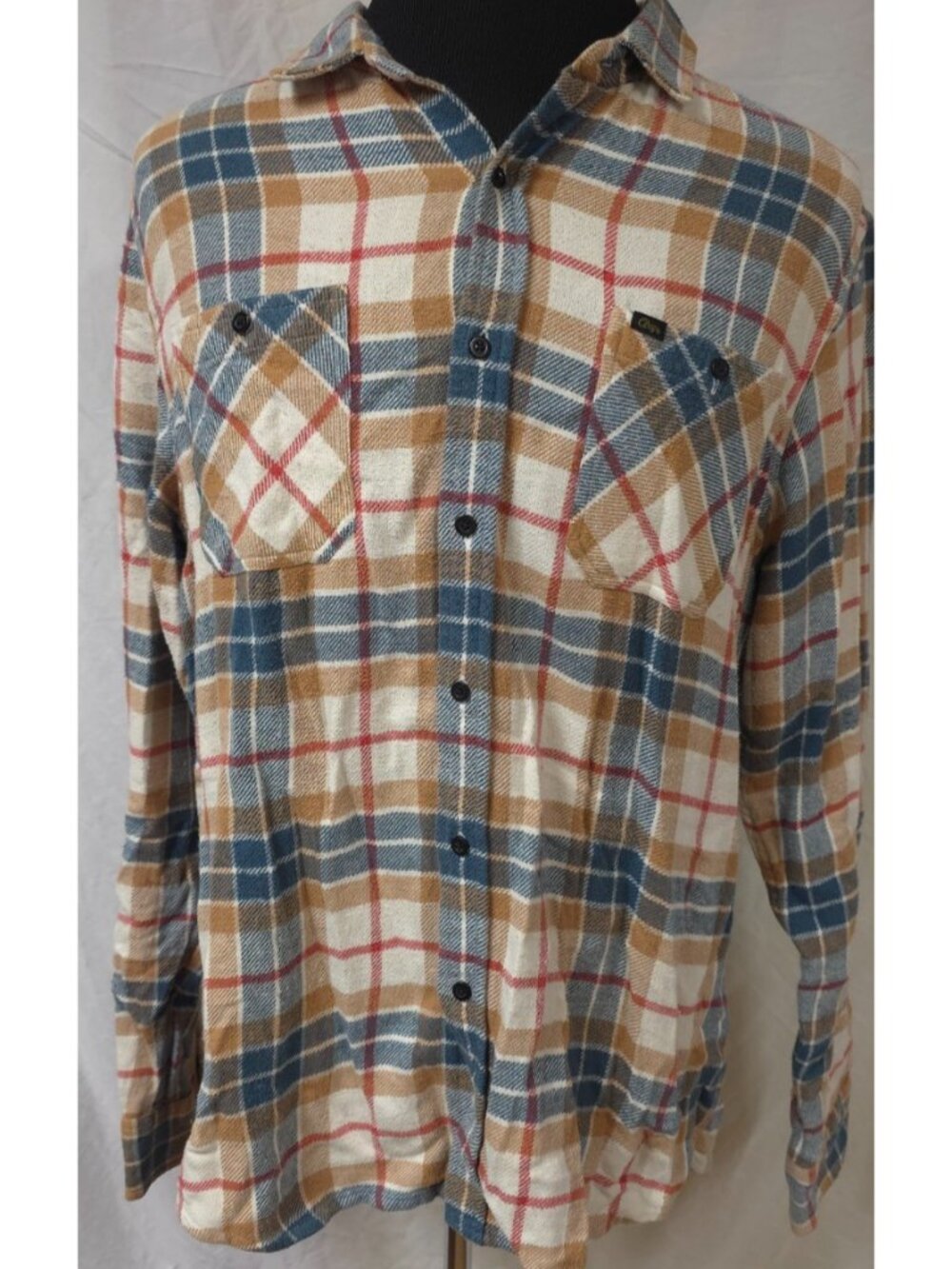 OBEY Mens XL Tan Blue Plaid Soft Button Up Lightweight Logo Flannel Shirt